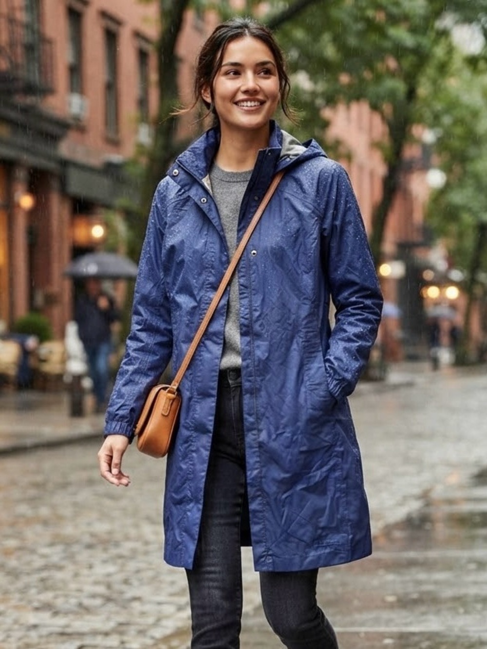 L.L. Bean Blue Waterproof Hooded Rain Trench Coat Jacket Gorpcore Outdoor Chic